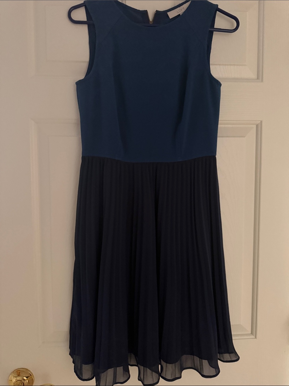 LOFT Sleeveless Two-Tone Navy and Deep Blue Pleated Dress